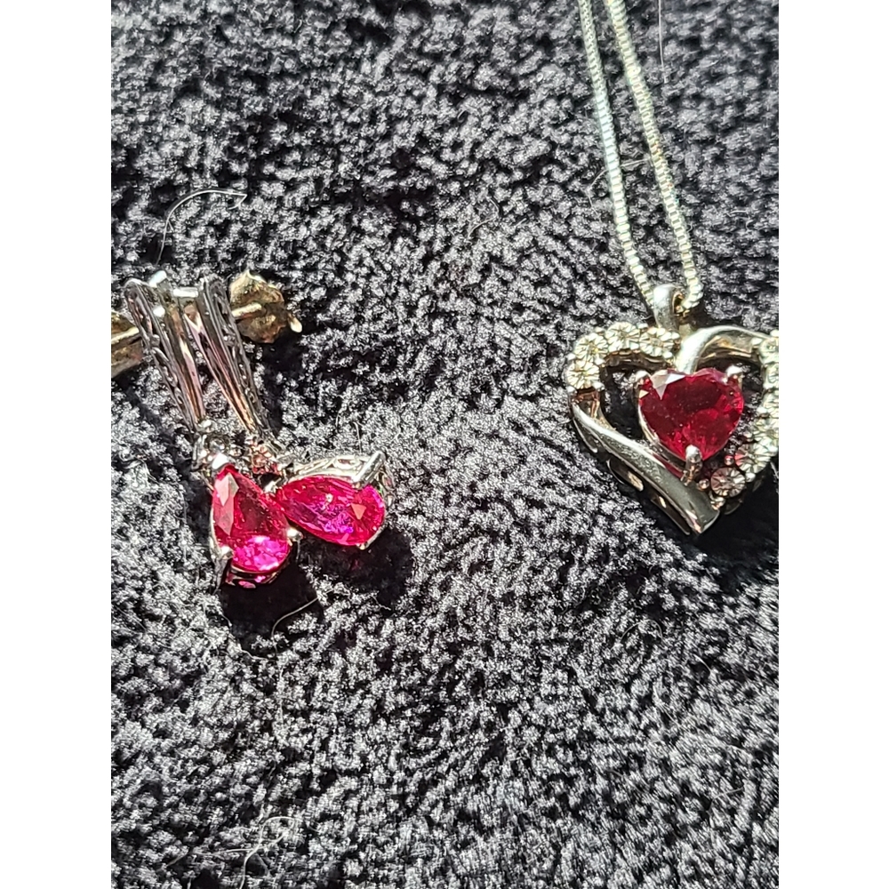Sterling silver Women's Ruby Earrings and necklace.